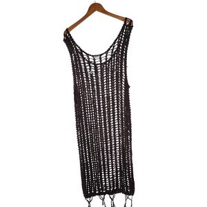 Indra Imports Crochet Knit Maxi Dress Tunic Cover Up Brown Free Size Fringe